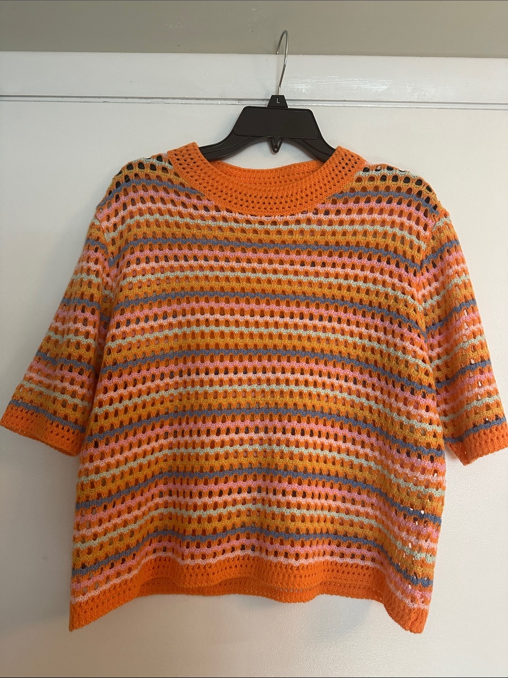 Orange Striped Crochet Short-Sleeve Knit Top